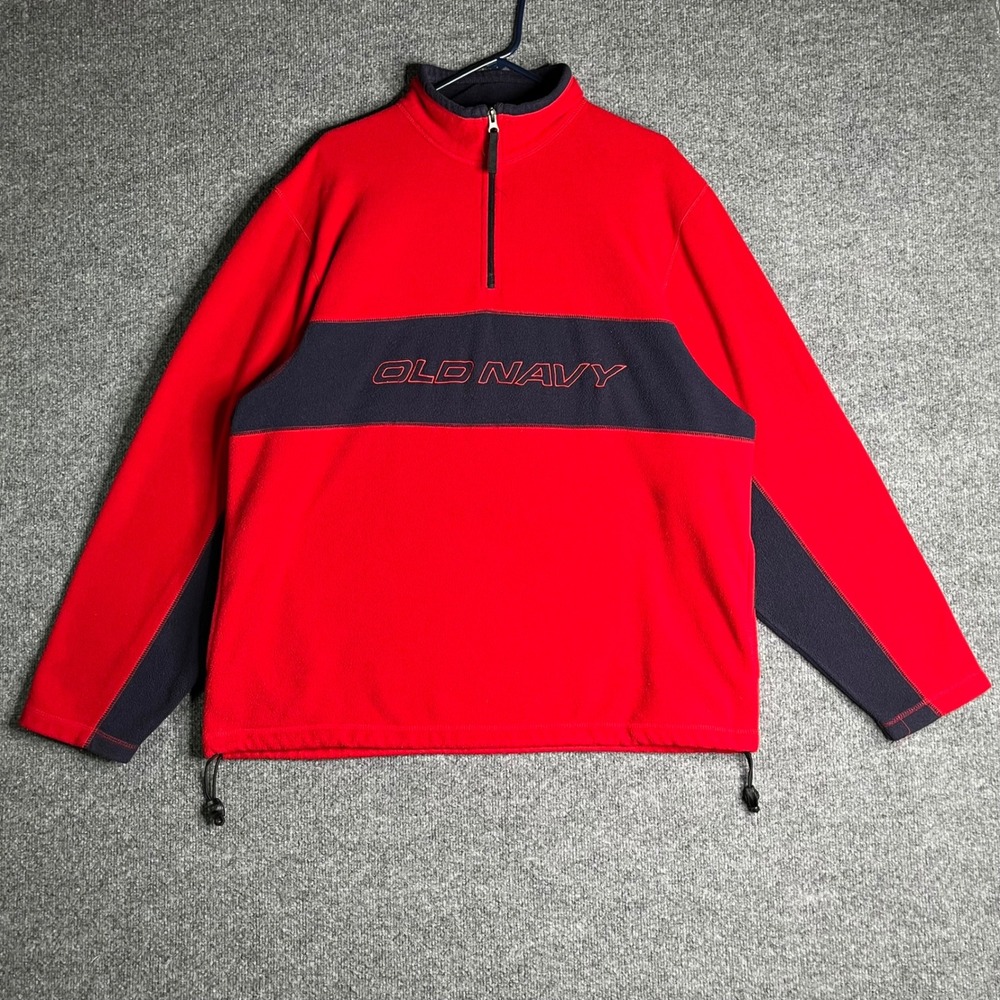 Old Navy Mens Fleece Quarter Zip Pullover Red Navy Blue Colorblock Logo XL Y2K‎